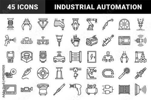 Industrial automation and robotic manufacturing systems in a technical monoline style for factory workflow and engineering documentation.