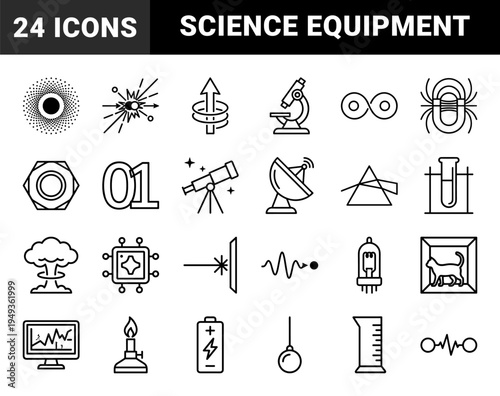 Physics and laboratory research symbols in technical monoline style. Scientific discovery pictograms for quantum mechanics and chemistry educational materials.