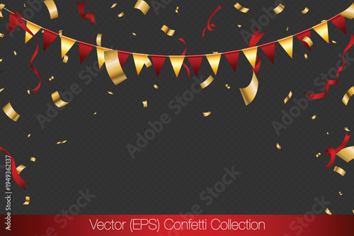 Realistic golden confetti, red ribbons and bunting flags isolated on transparent background. Vector illustration for holiday decorations, promotions and graphic projects