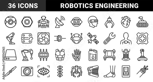 Robotics and bionic engineering technical monoline elements for industrial automation. Precise geometric line art featuring cybernetic implants and mechanical parts.
