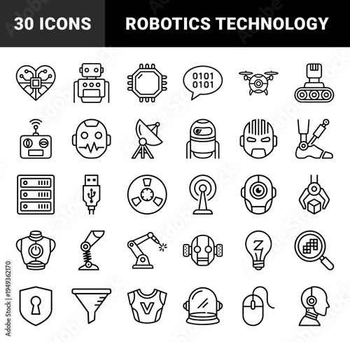 Robotics and artificial intelligence automation elements for future technology. Monolinear black stroke pictograms featuring bionic limbs and android heads.