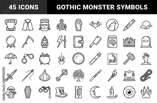 Horror and gothic folklore elements for halloween branding. Technical monoline pictograms featuring classic monsters, occult symbols, and spooky cinematic tropes.