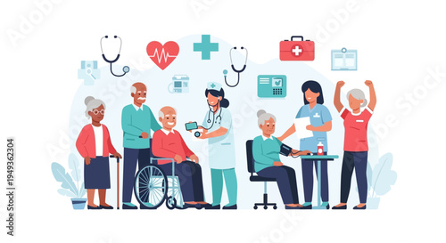 Happy Seniors Receiving Healthcare & Elder Care: Nurses Provide Medical Checkups, Support, and Promote Healthy Aging in a Vibrant Illustration