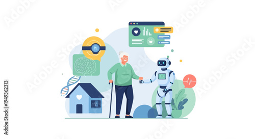 Future of Senior Care: Robot Assistant & Smart Home Healthcare. AI, personalized medicine, and remote monitoring for elderly well-being.