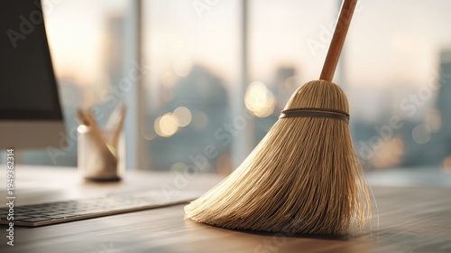 Broom on desk with transparent background