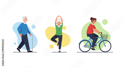 Active Seniors Lifestyle: Elderly People Walking, Doing Yoga, and Biking for Health & Wellness