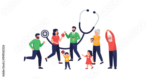 Multigenerational Family Health and Wellness. Diverse people representing healthy lifestyle, medical care, and preventive medicine with a large stethoscope symbol.