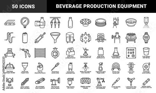 Industrial bottling and liquid packaging line machinery. Technical monoline pictograms for beverage manufacturing and factory automation workflows.