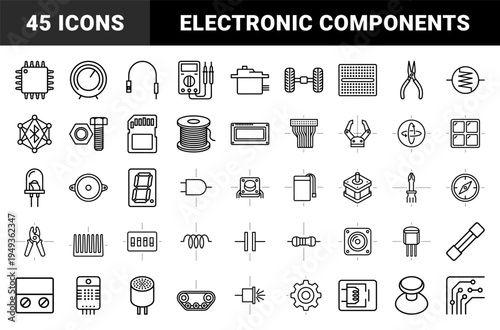 Electronics engineering and robotics hardware components. Technical monoline linear pictograms for circuit design and industrial automation projects.