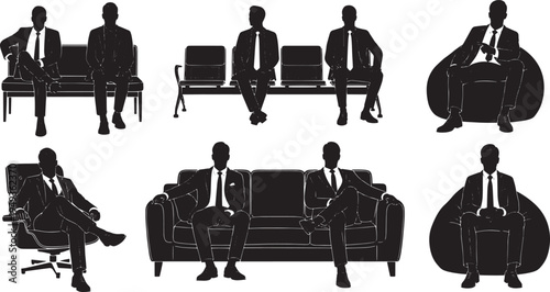 Business Professionals Silhouettes in Diverse Furniture Arrangements