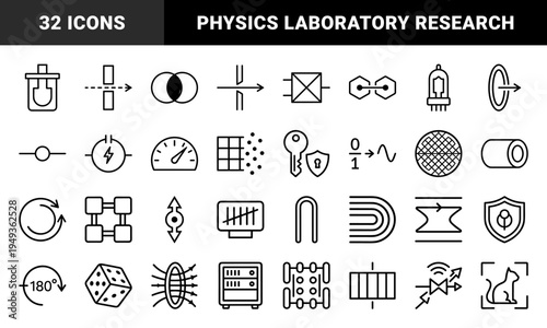 Quantum computing and advanced physics research symbols. Technical monoline pictograms for laboratory data, nuclear energy, and scientific innovation.