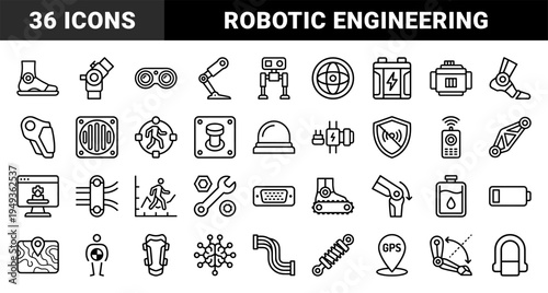 Robotics and bionic engineering technical elements for industrial automation. Bold monoline pictograms featuring prosthetic limbs and cybernetic components.