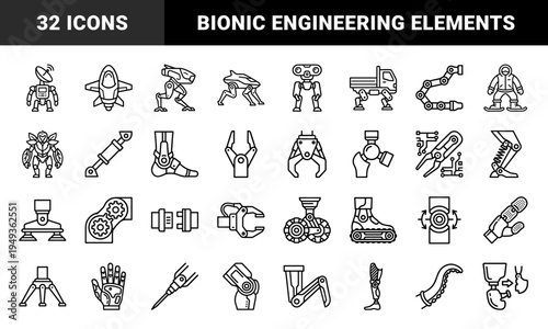 Robotic engineering and bionic limb components for medical technology. Technical monoline pictograms featuring prosthetic limbs and automation gear.