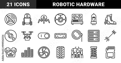 Advanced robotics and cybernetic engineering elements for technical documentation. Monolinear black and white pictograms featuring automated systems and hardware components.