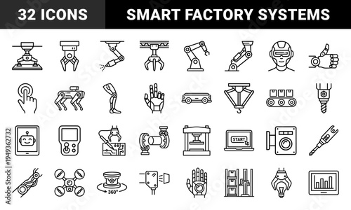 Industrial automation and robotic engineering symbols for smart factory workflows. Technical monoline pictograms featuring manufacturing arms and cobots.