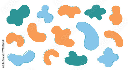 Abstract arrangement of colorful amoeba like shapes on a white background
