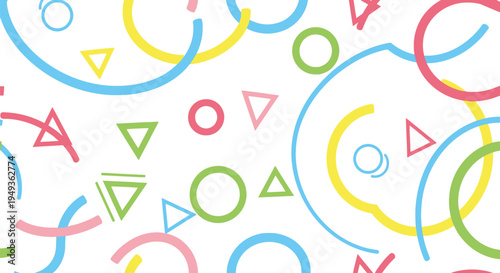 Colorful geometric shapes float across a clean white background