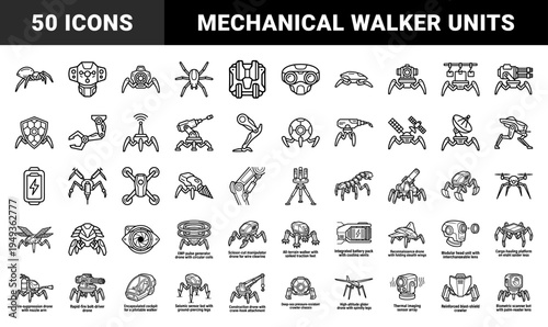 Autonomous robotic drone and mechanical spider walker fleet for futuristic industrial operations. Technical monoline schematics of sci-fi engineering bots.