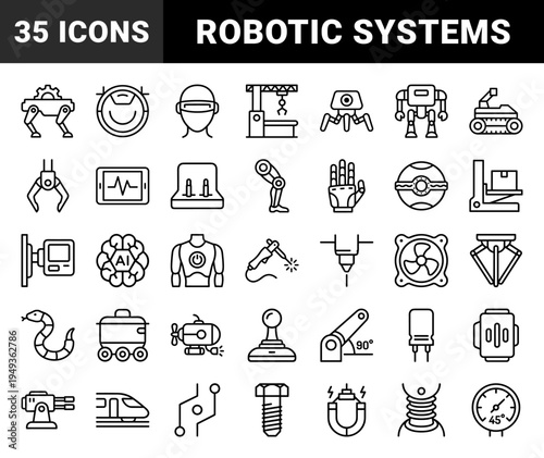 Robotics and industrial automation hardware components. Technical monoline pictograms for engineering, manufacturing, and future technology.