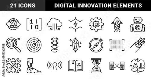 Advanced technology and future innovation pictograms featuring artificial intelligence, robotics, and digital infrastructure in a clean monoline style.