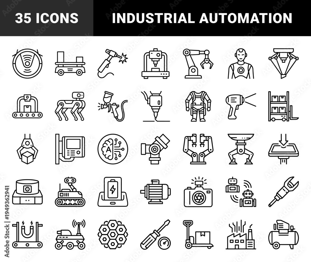 Fototapeta premium Industrial automation and smart manufacturing technology elements. Technical monoline pictograms featuring robotics, warehouse logistics, and engineering systems.