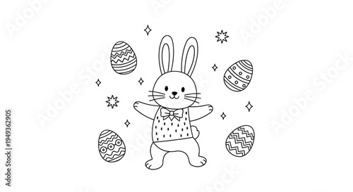 Happy Easter bunny rabbit in a waistcoat dancing with decorative eggs and stars, black and white outline for a coloring page, isolated white background.