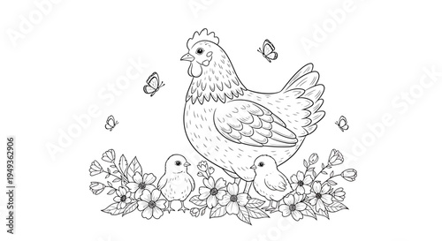 Mother hen with two cute chicks surrounded by flowers and butterflies, black and white outline for a coloring page, isolated white background.