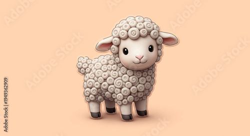 Adorable fluffy baby lamb standing and looking sweet in a bright studio with a gentle peach-colored background.