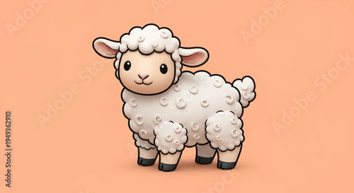 Adorable fluffy baby lamb standing and looking sweet in a bright studio with a gentle peach-colored background.