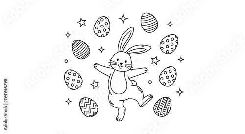 Happy Easter bunny rabbit leaping with decorative eggs and stars, black and white outline for a coloring page, isolated white background.