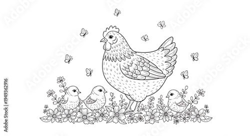 Mother hen with two cute chicks surrounded by flowers and butterflies, black and white outline for a coloring page, isolated white background.