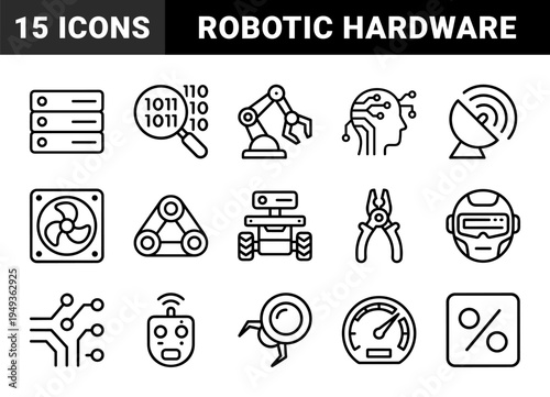 Robotics and artificial intelligence automation elements in bold monoline style. Technical engineering and futuristic hardware interface components.