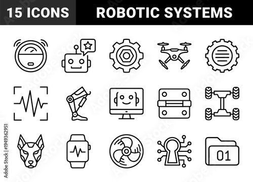 Robotics and automated systems technology elements in chunky monoline style. Technical engineering pictograms for artificial intelligence and hardware development.