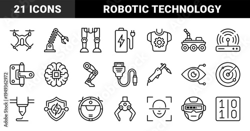 Robotics and industrial automation technology elements for manufacturing workflows. Technical monoline pictograms featuring artificial intelligence and mechanical engineering concepts.