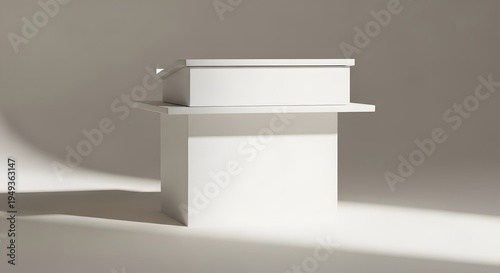 Minimalist White Cube Structure Object Isolated On A Light Grey Studio Background With Shadows And Light