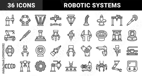 Robotic automation and industrial manufacturing components featuring technical monoline schematics for smart factory engineering and mechanical workflow.
