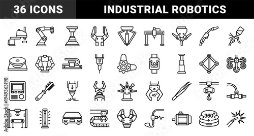 Industrial robotics and automated manufacturing systems for smart factory integration. Technical monoline linear pictograms of robotic arms and assembly line machinery.