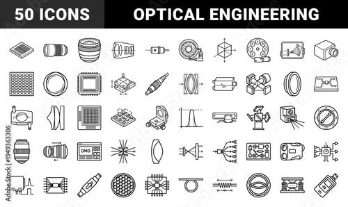 Optics and photonics engineering components in technical monoline style. Precision laser, lens, and sensor elements for scientific research and manufacturing.