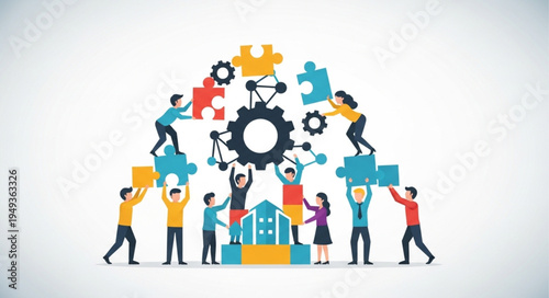 Teamwork and collaboration building a complex structure together.