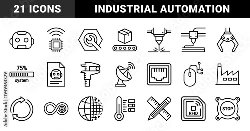 Industrial automation and smart manufacturing technical pictograms. Monoline geometric elements for robotics, engineering, and digital factory workflows.
