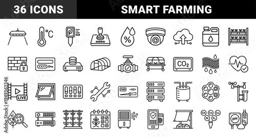 Smart agriculture and automated greenhouse monitoring systems. Technical monoline pictograms for vertical farming and hydroponic climate control.