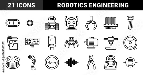 Robotics and automated engineering components in a technical monoline style featuring sensors, actuators, and hardware for industrial innovation.