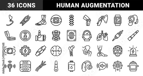 Biotechnology and cybernetic enhancement elements for medical interfaces. Bold monoline pictograms featuring prosthetic limbs and neural implants.