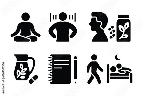 Spa wellness solid icon set illustrating yoga pose, meditation practice, breathing exercise, herbal supplements, detox water and nature wellness lifestyle symbols.