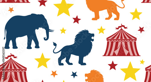 Colorful pattern featuring circus animals tents and bright yellow stars