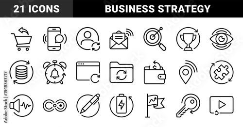Business process automation and workflow optimization elements. Technical monoline pictograms for corporate strategy and digital data management.