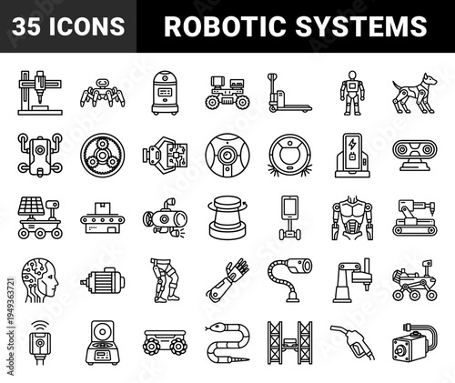 Robotic automation and industrial engineering elements for technical documentation. Monolinear pictograms featuring bionic limbs and smart machinery.