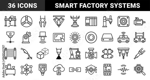 Industrial automation and smart manufacturing systems featuring robotic arms, sensor technology, and green energy production in a technical monoline style.