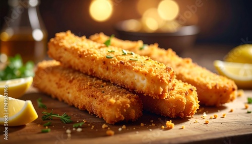 Golden, crispy, fried cheese sticks with lemon and parsley garnish on a wooden board in front of blurred lights