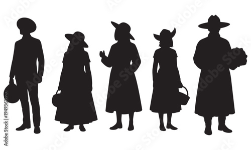 Silhouettes of a group of people in old-fashioned attire standing together